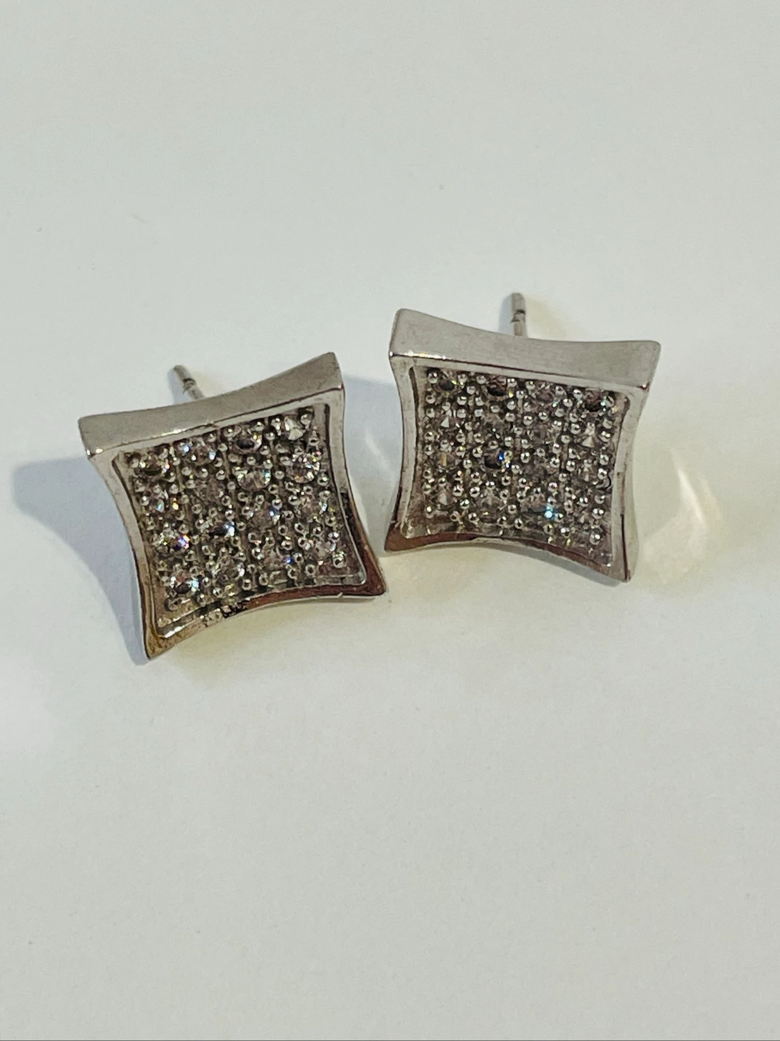 Sparkling silver tone square stud earrings, pave crystals, elegant and classic